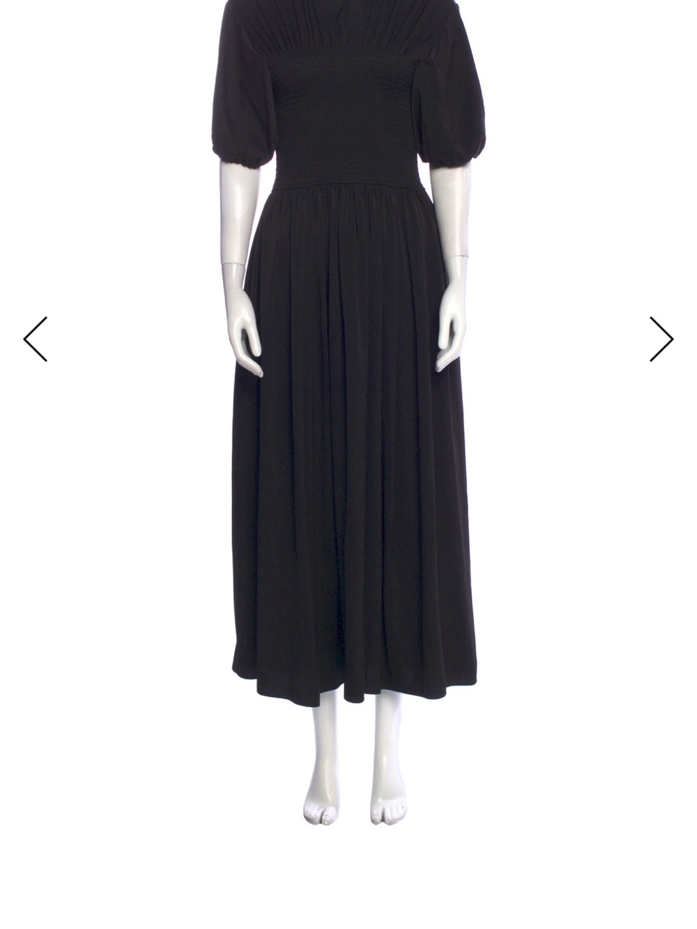 La Ligne Black Midi Dress with Smocked Bodice and Puff Sleeves